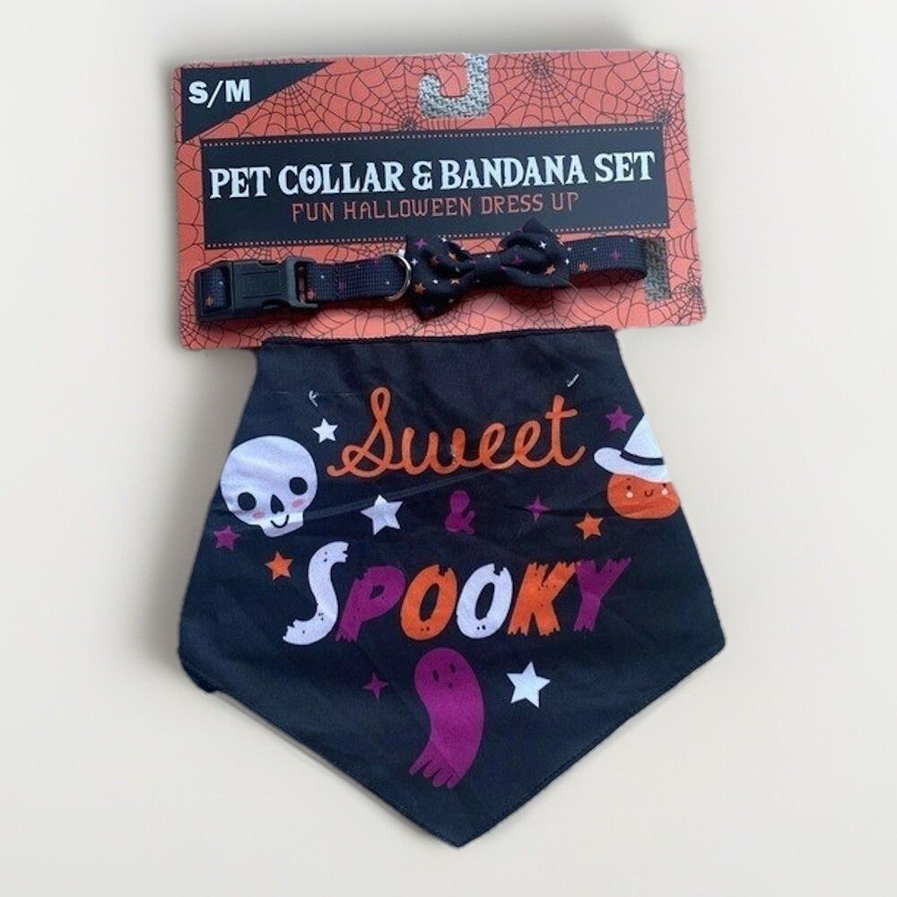 Sweet & Spooky Dog Halloween Matching Collar Bandana Set NWT Black Small/Med